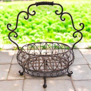 Large Heavy Iron Ornated Shabby Chic Display Basket Planter Farm Cottage Footed